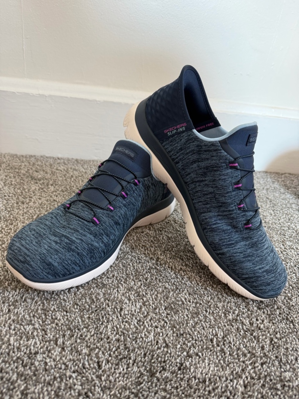 Skechers Heathered Navy Slip-On Sport Sneakers with Pink Accents